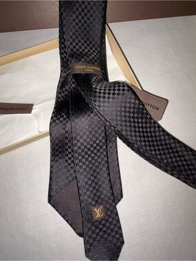Louis Vuitton Black Checker Silk Tie with Gold LV Tag